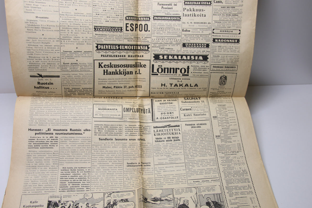 Uusi Suomi sanomalehti vuodelta 1939