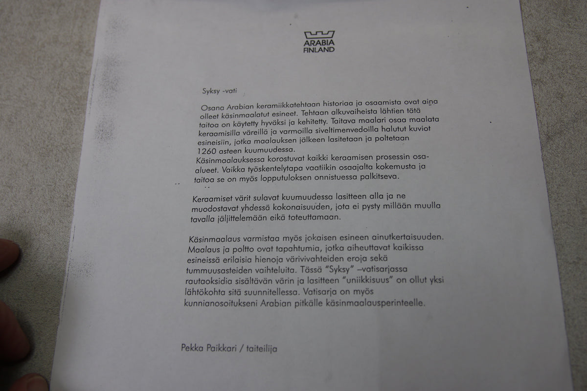 Arabia Taidevati Syksy Pekka Paikkari